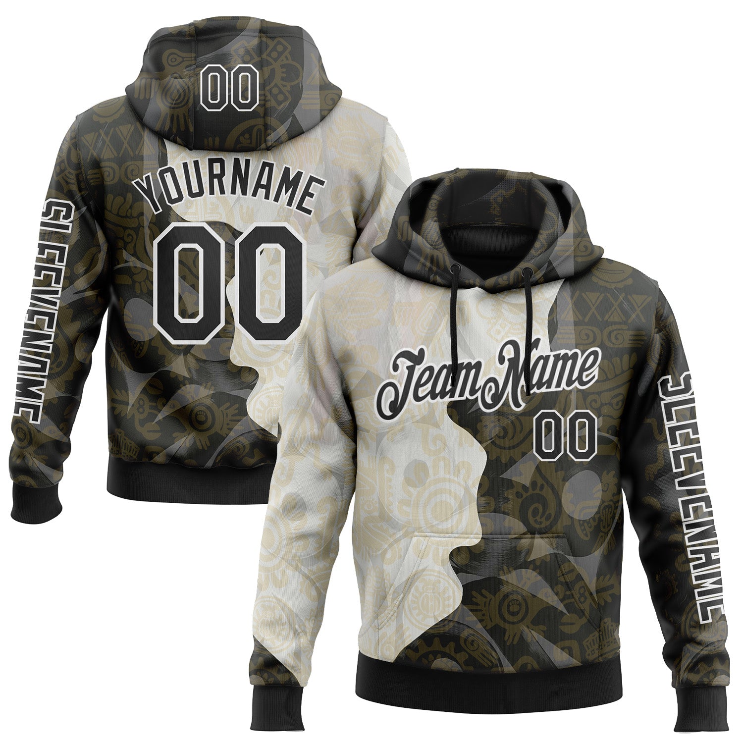 Custom Black Cream-White 3D Pattern Design Ethnic Tribal Sportswear Pullover Sweatshirt Hoodie