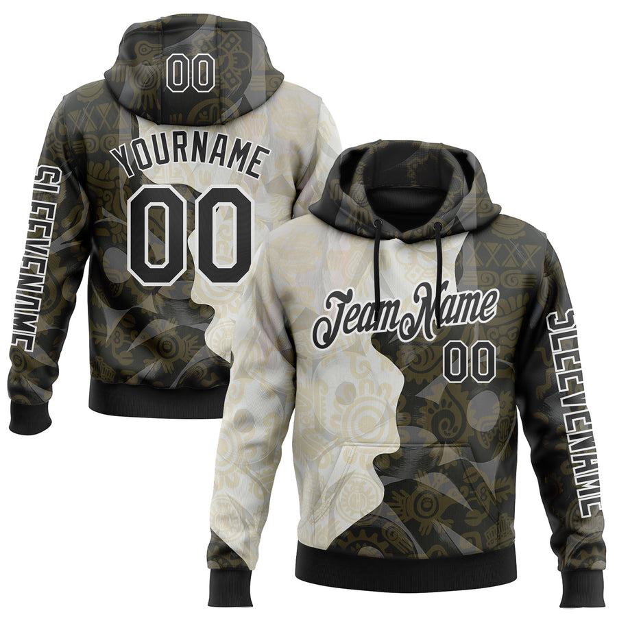 Custom Black Cream-White 3D Pattern Design Ethnic Tribal Sportswear Pullover Sweatshirt Hoodie