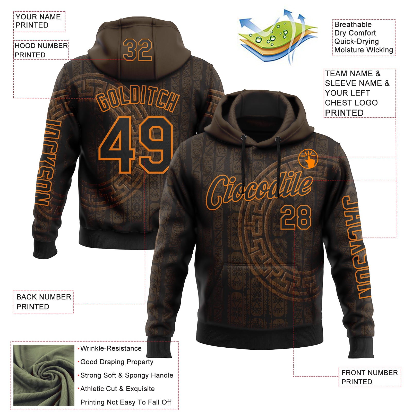 Custom Black Bay Orange 3D Pattern Design Ethnic Tribal Sportswear Pullover Sweatshirt Hoodie