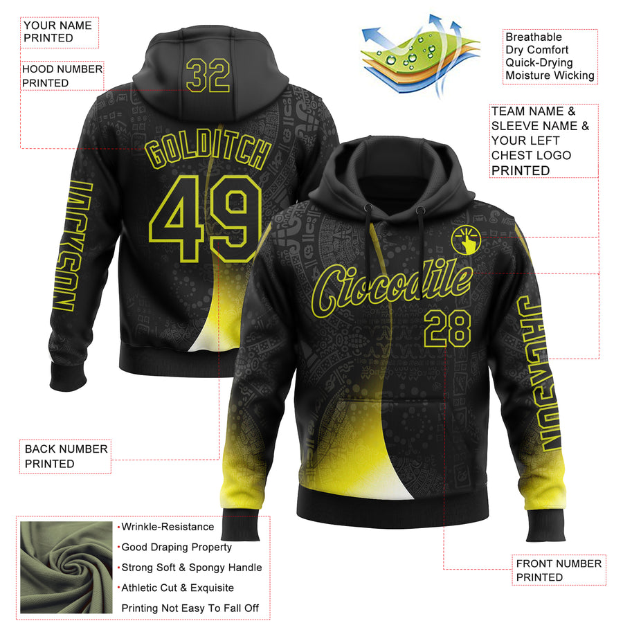 Custom Black Neon Yellow 3D Pattern Design Ethnic Tribal Sportswear Pullover Sweatshirt Hoodie