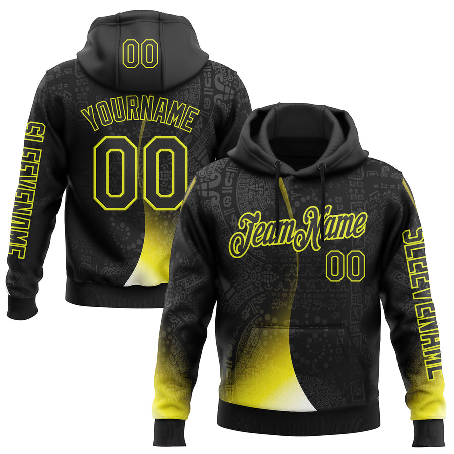 Custom Black Neon Yellow 3D Pattern Design Ethnic Tribal Sportswear Pullover Sweatshirt Hoodie