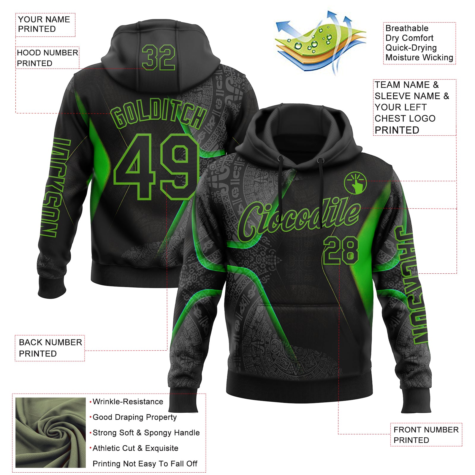 Custom Black Aurora Green 3D Pattern Design Ethnic Tribal Sportswear Pullover Sweatshirt Hoodie