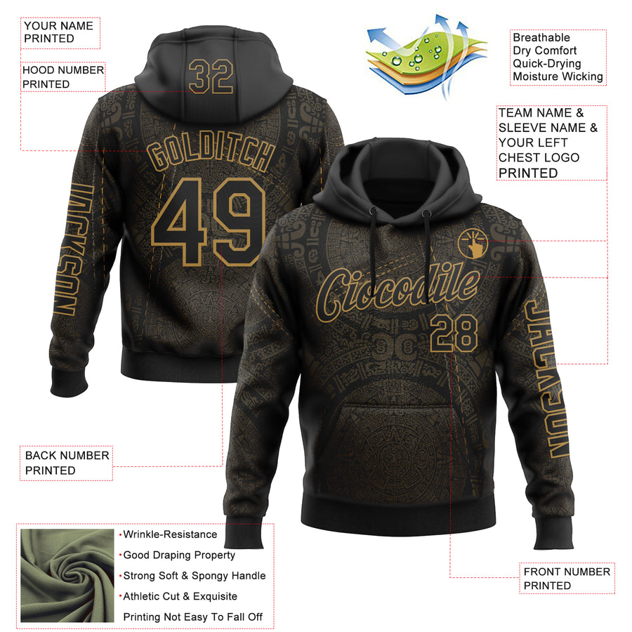 Custom Black Old Gold 3D Pattern Design Ethnic Tribal Sportswear Pullover Sweatshirt Hoodie
