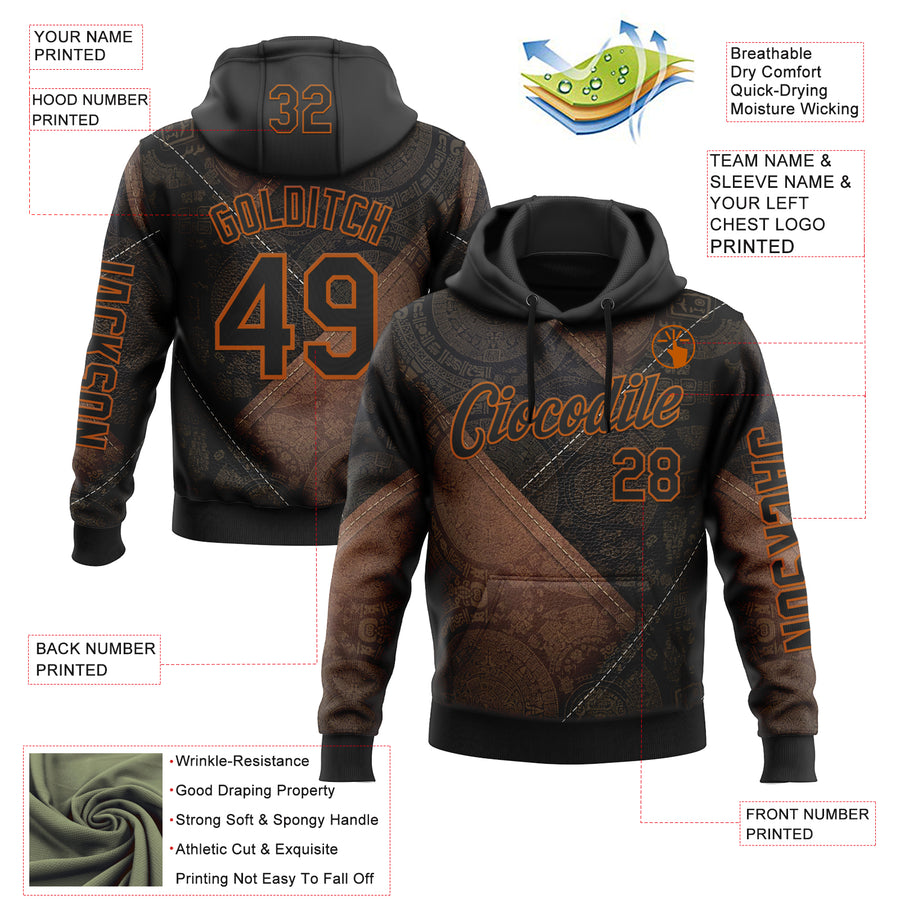 Custom Black Texas Orange 3D Pattern Design Ethnic Tribal Sportswear Pullover Sweatshirt Hoodie
