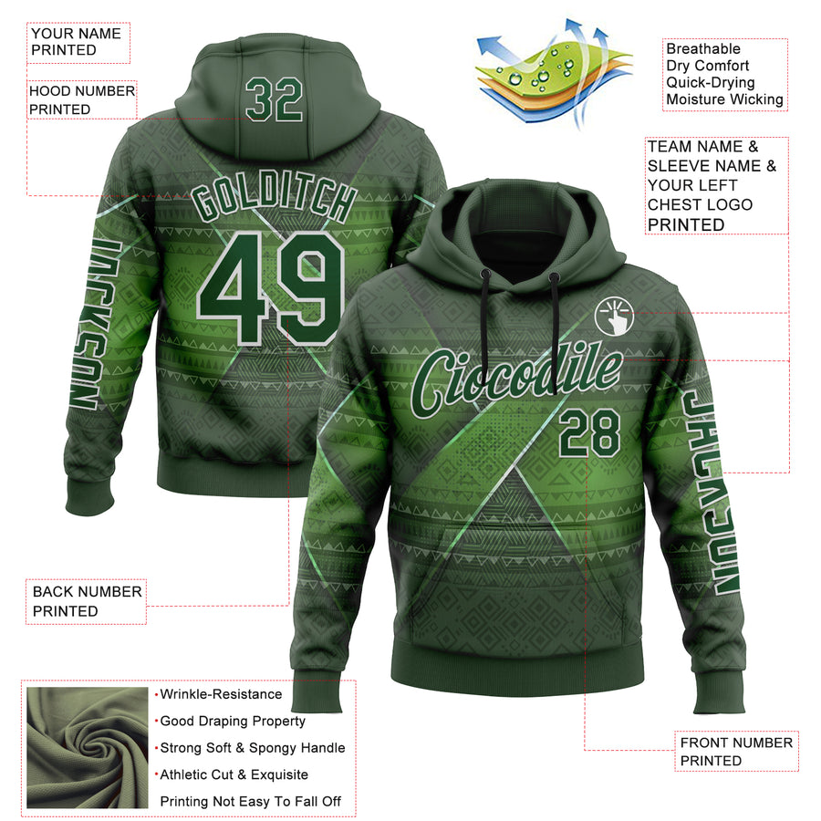 Custom Green White 3D Pattern Design Ethnic Tribal Sportswear Pullover Sweatshirt Hoodie