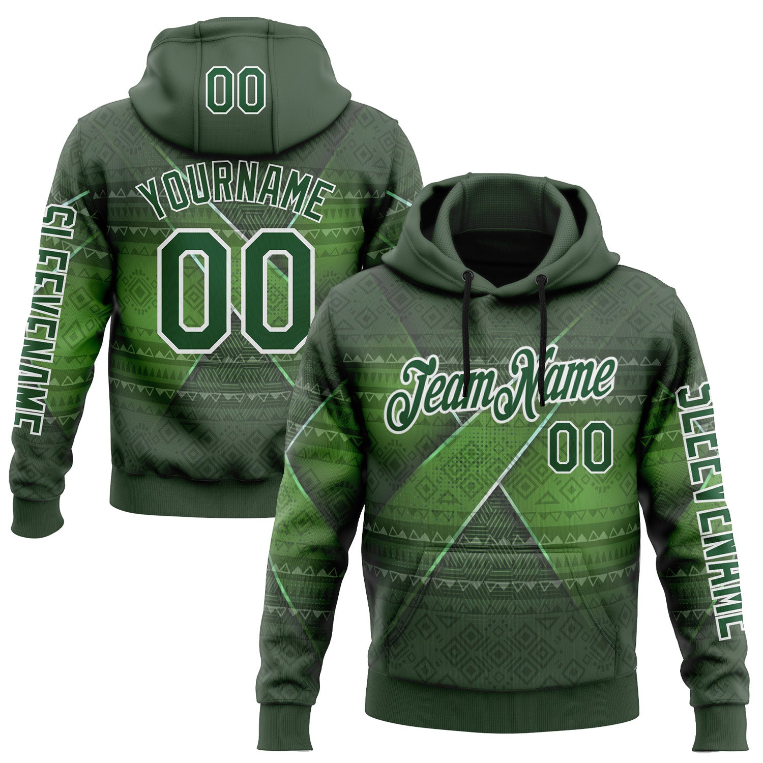 Custom Green White 3D Pattern Design Ethnic Tribal Sportswear Pullover Sweatshirt Hoodie