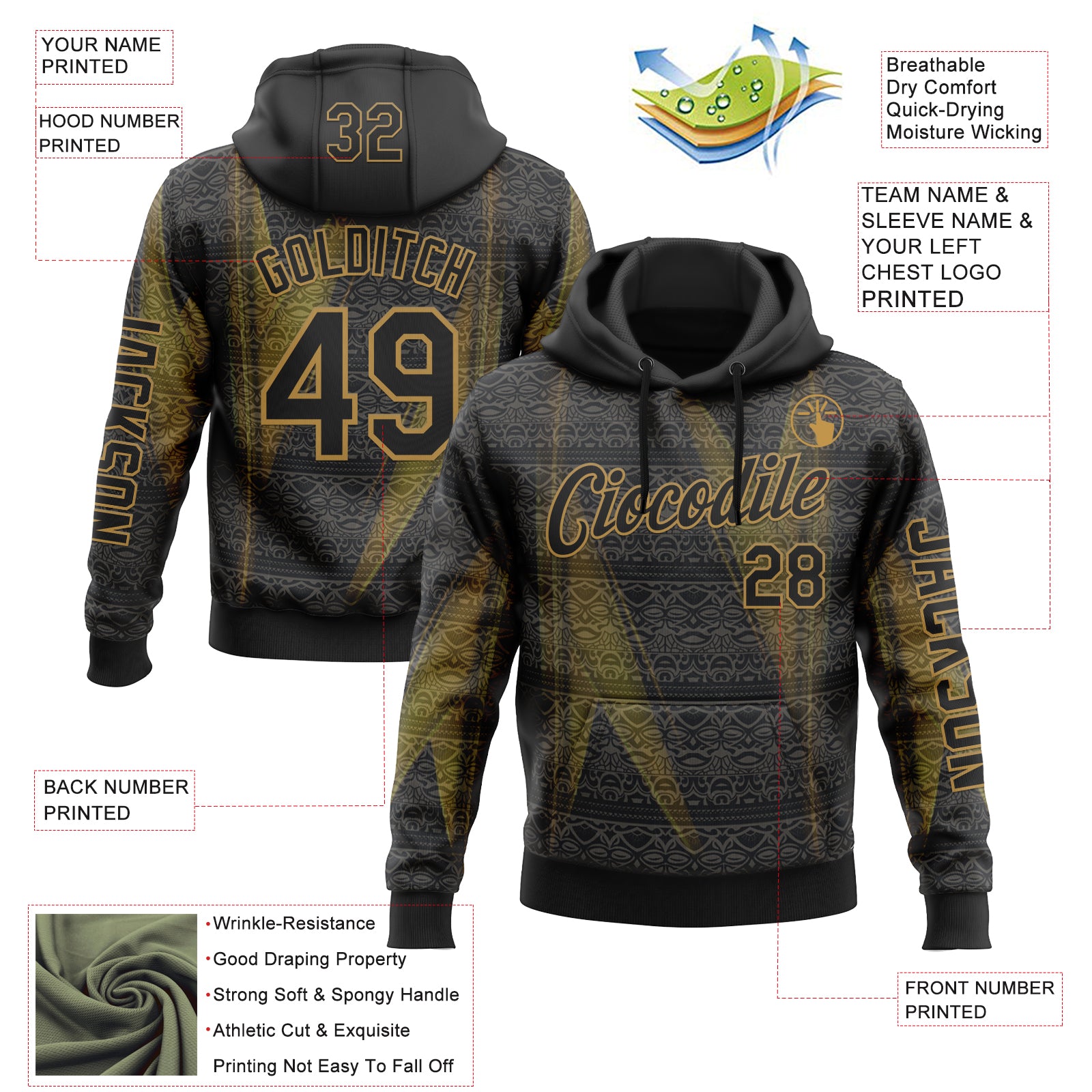 Custom Black Old Gold 3D Pattern Design Ethnic Tribal Sportswear Pullover Sweatshirt Hoodie