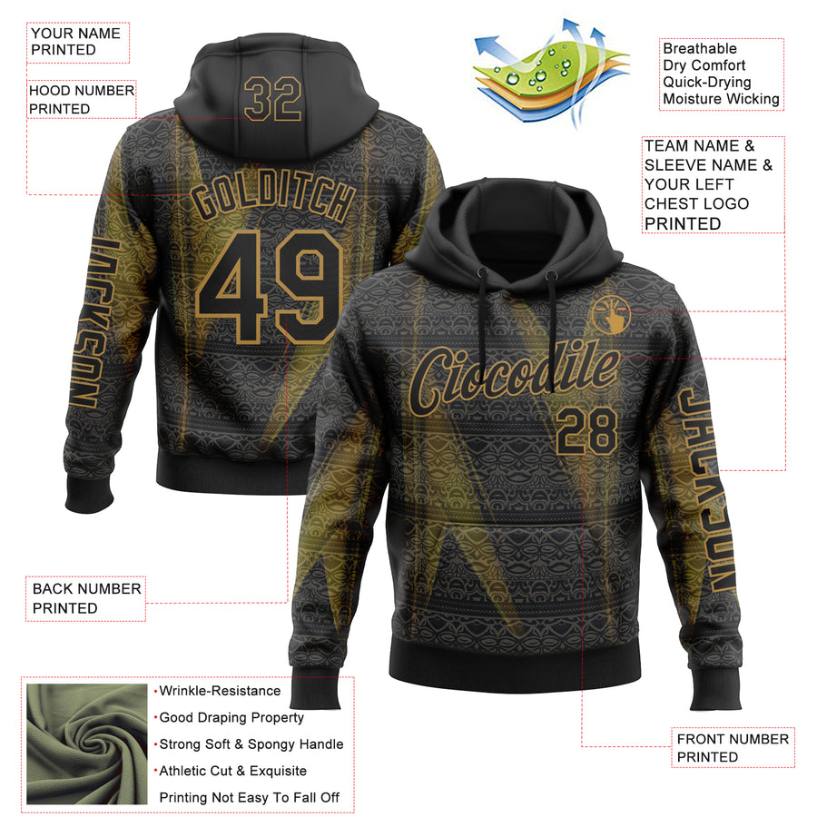 Custom Black Old Gold 3D Pattern Design Ethnic Tribal Sportswear Pullover Sweatshirt Hoodie