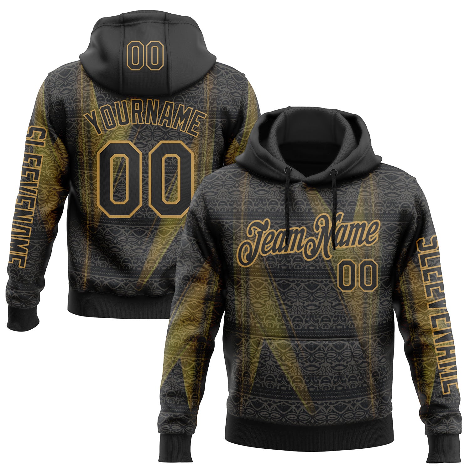 Custom Black Old Gold 3D Pattern Design Ethnic Tribal Sportswear Pullover Sweatshirt Hoodie