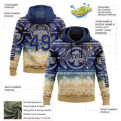 Custom Blue Royal-Old Gold 3D Pattern Design Ethnic Tribal Sportswear Pullover Sweatshirt Hoodie