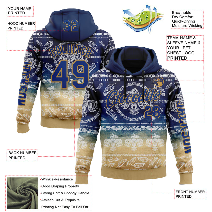 Custom Blue Royal-Old Gold 3D Pattern Design Ethnic Tribal Sportswear Pullover Sweatshirt Hoodie