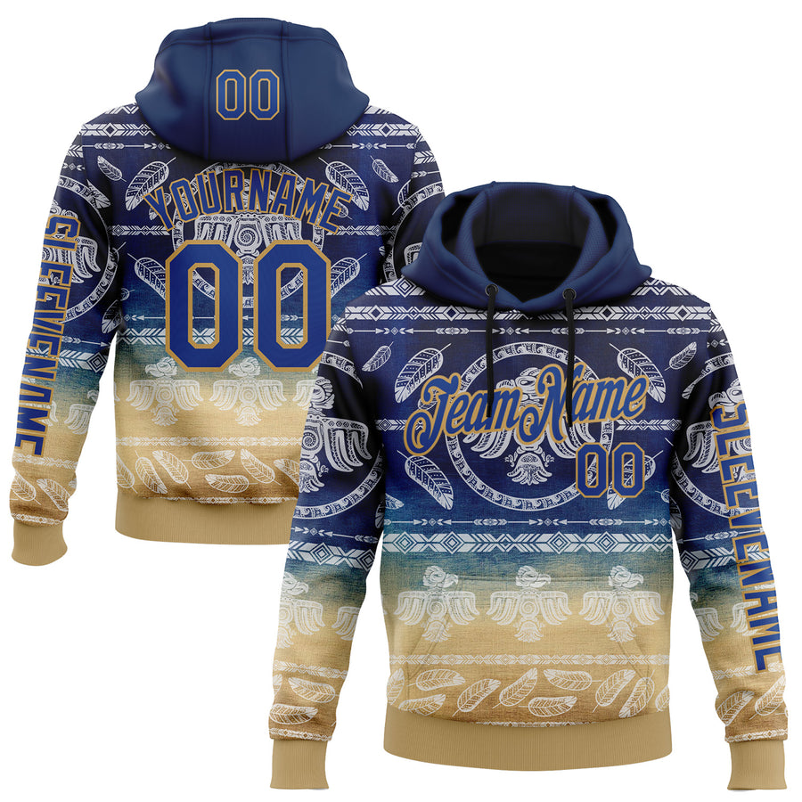 Custom Blue Royal-Old Gold 3D Pattern Design Ethnic Tribal Sportswear Pullover Sweatshirt Hoodie
