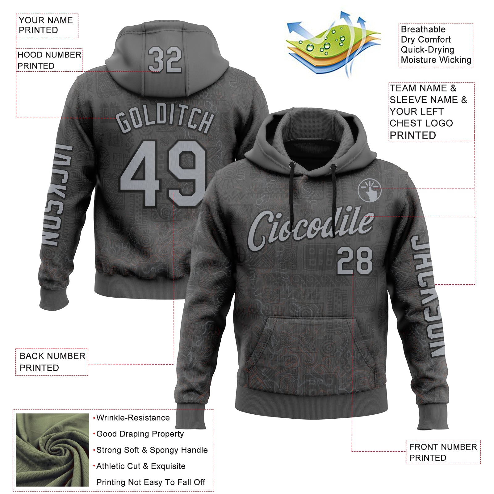 Custom Gray Black 3D Pattern Design Ethnic Tribal Sportswear Pullover Sweatshirt Hoodie
