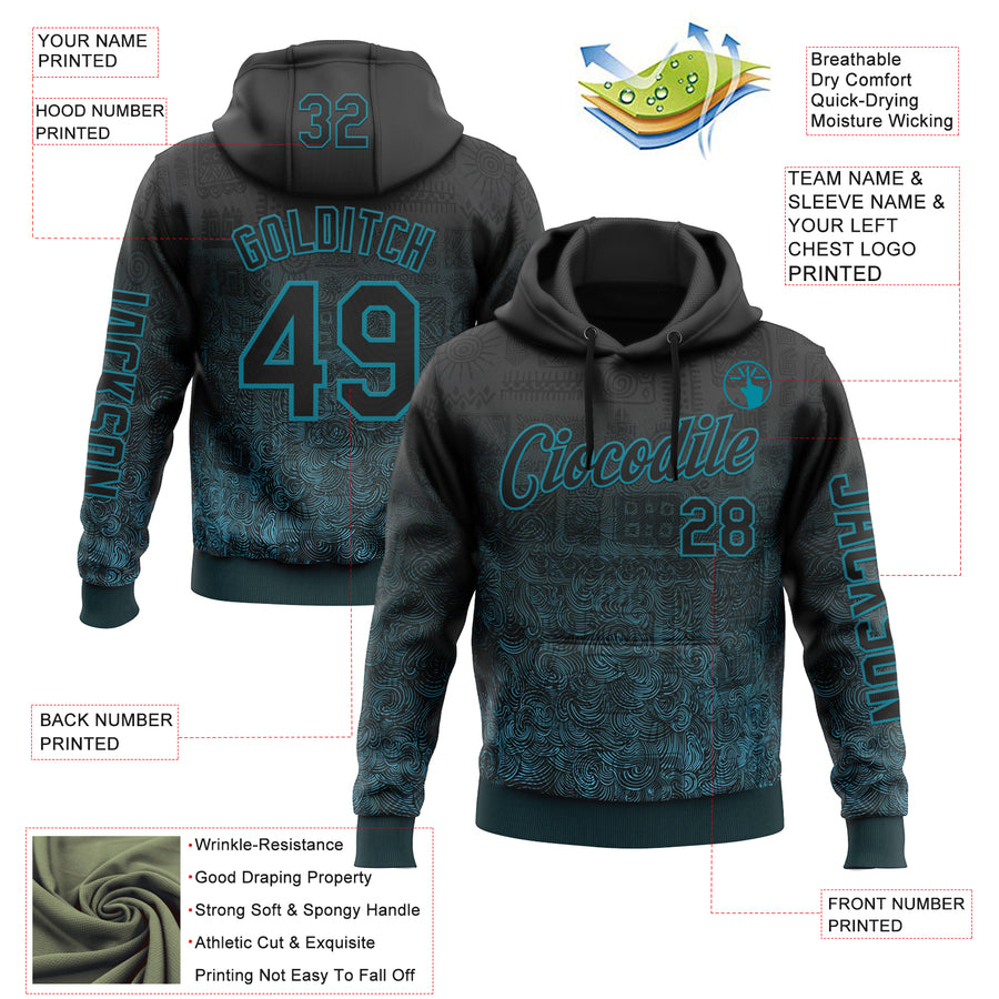 Custom Black Teal 3D Pattern Design Ethnic Tribal Sportswear Pullover Sweatshirt Hoodie