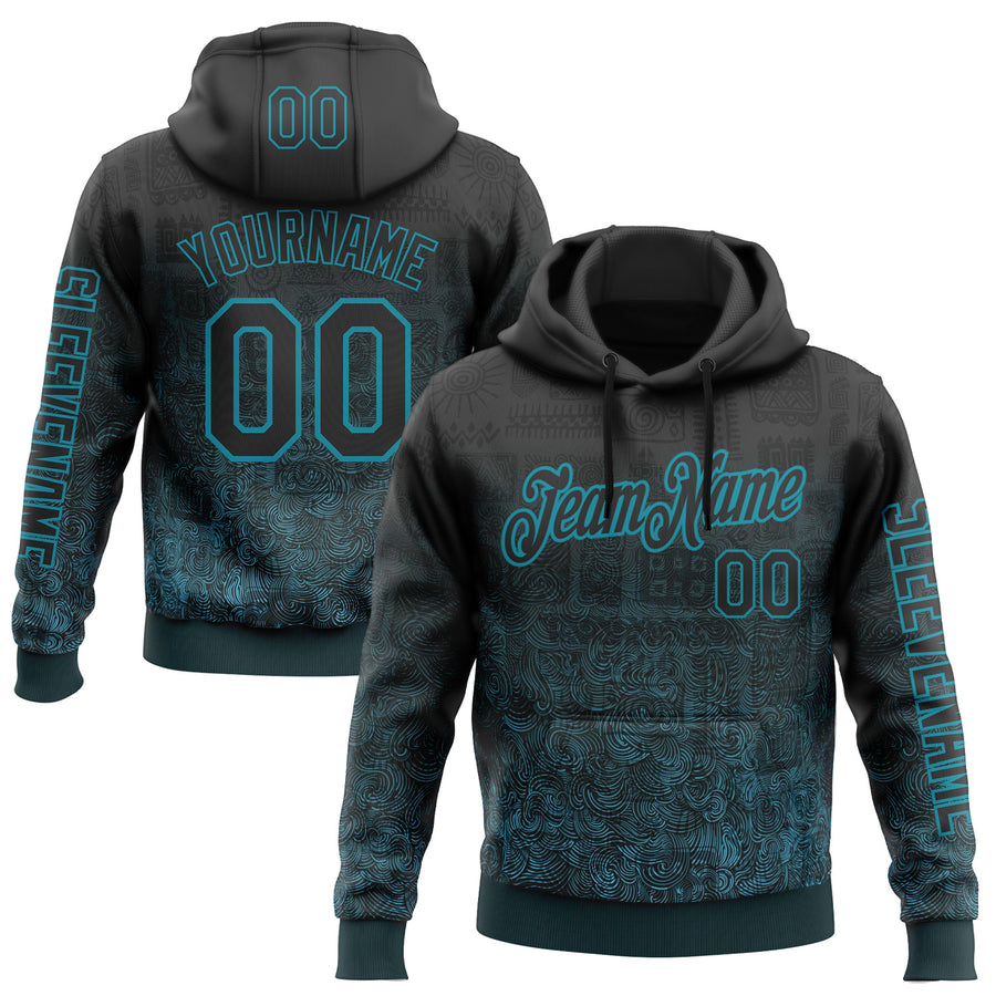Custom Black Teal 3D Pattern Design Ethnic Tribal Sportswear Pullover Sweatshirt Hoodie