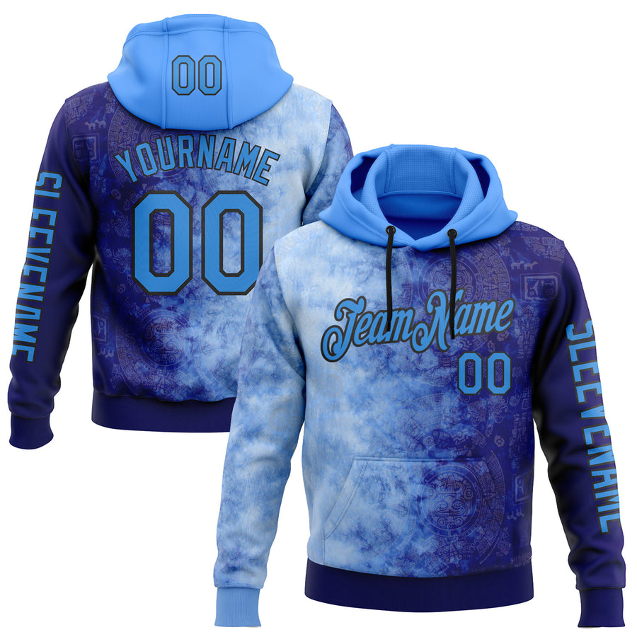 Custom Blue Powder Blue-Black 3D Pattern Design Gradient Ethnic Tribal Sportswear Pullover Sweatshirt Hoodie