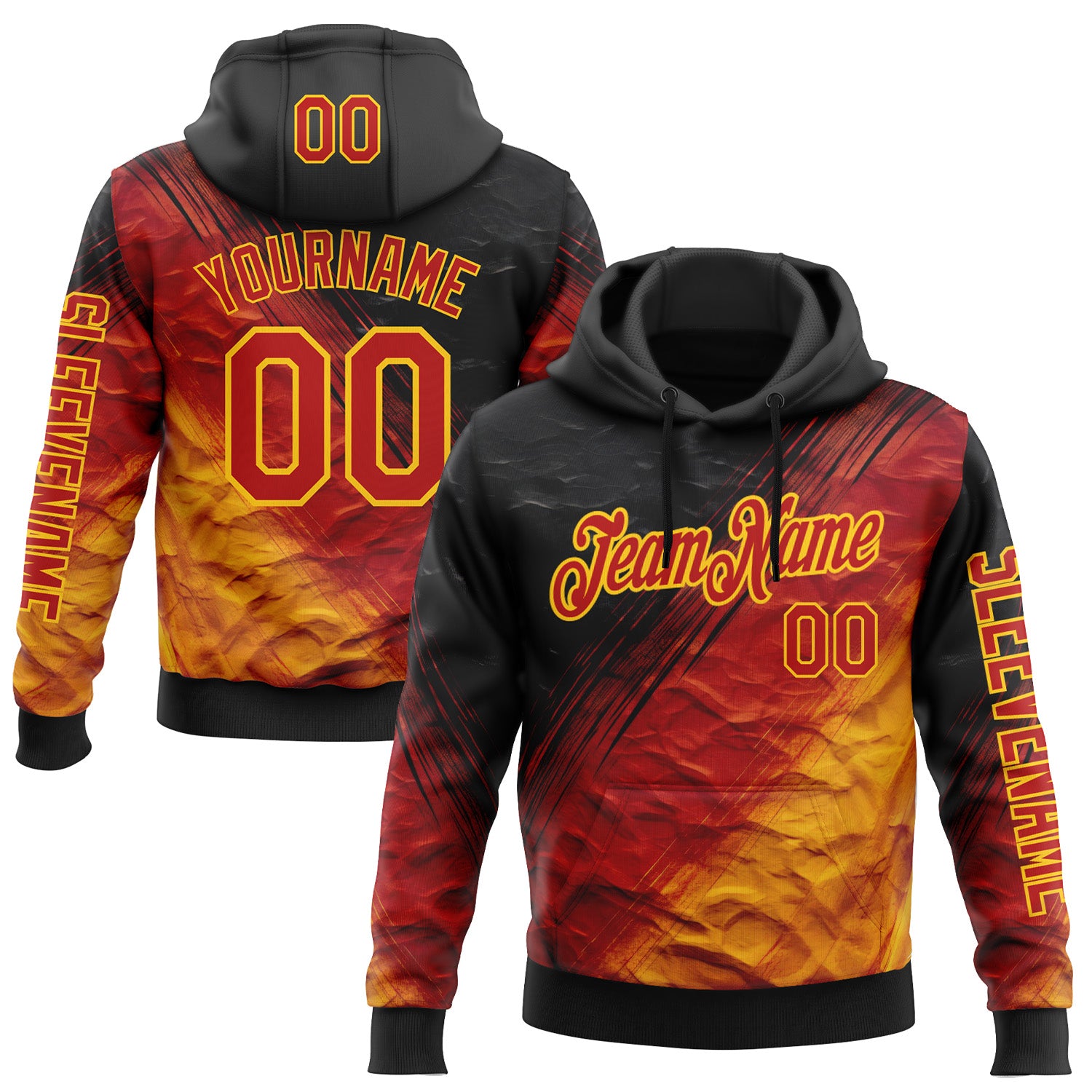 Custom Black Red-Yellow 3D Pattern Design Gradient Ethnic Tribal Sportswear Pullover Sweatshirt Hoodie