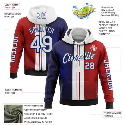 Custom Red White Blue-Royal 3D Pattern Design France Inspired Sports Pullover Sweatshirt Hoodie