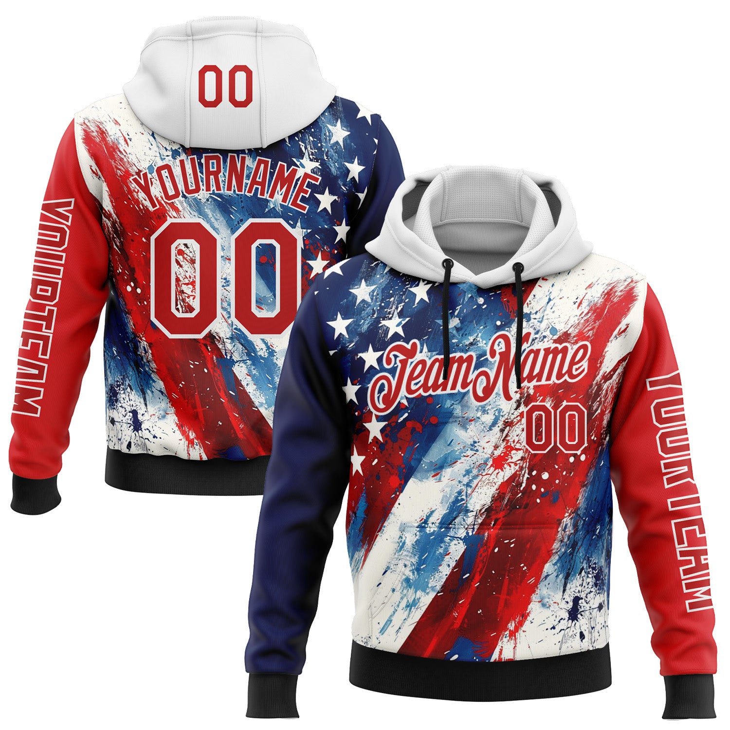 Custom Red Blue Black-White 3D American Flag Sports Pullover Sweatshirt Hoodie