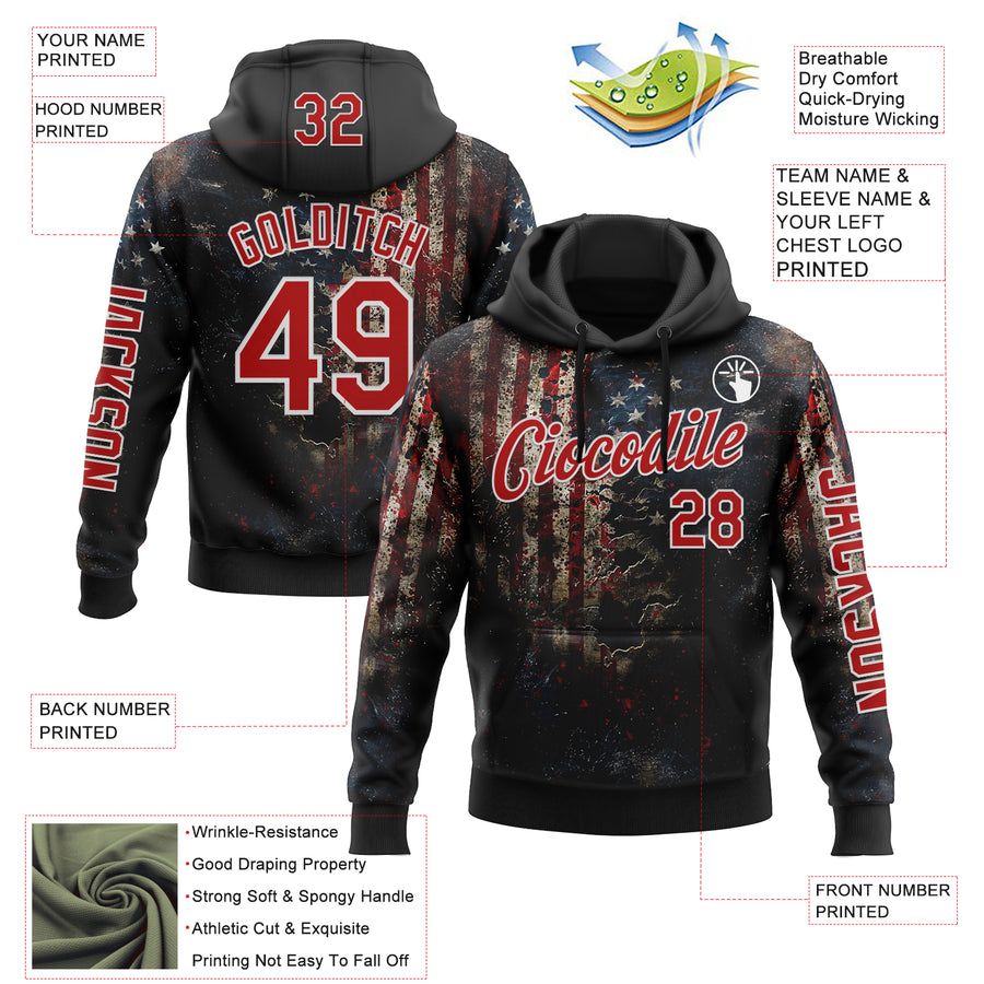 Custom Black Red-White 3D American Flag Sports Pullover Sweatshirt Hoodie