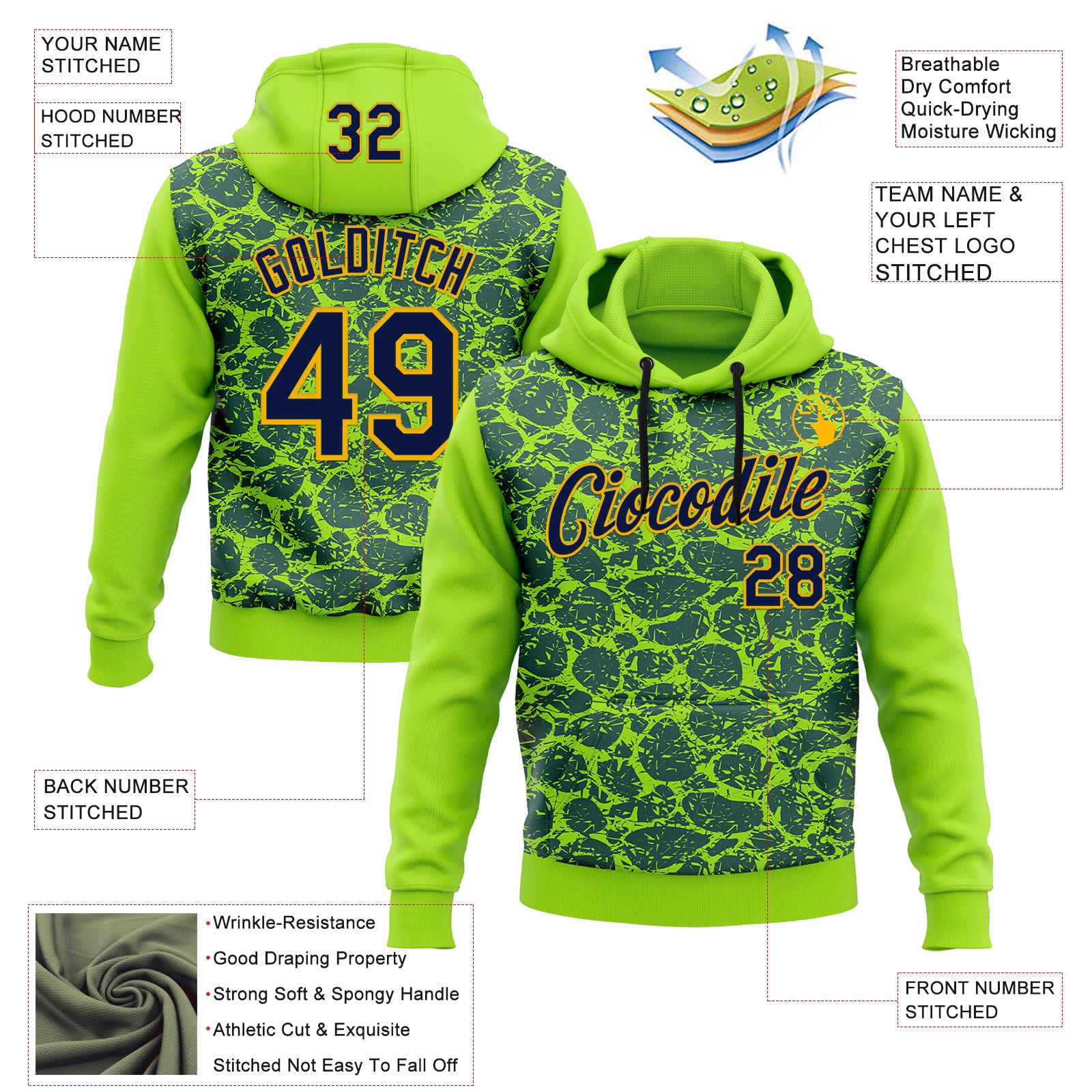 Custom Stitched Neon Green Navy-Gold 3D Pattern Design Crocodile Skin Print Sportswear Pullover Sweatshirt Hoodie