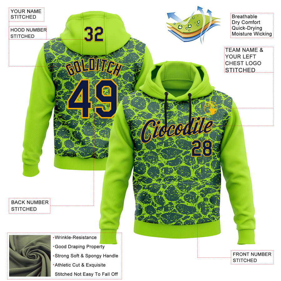 Custom Stitched Neon Green Navy-Gold 3D Pattern Design Crocodile Skin Print Sportswear Pullover Sweatshirt Hoodie