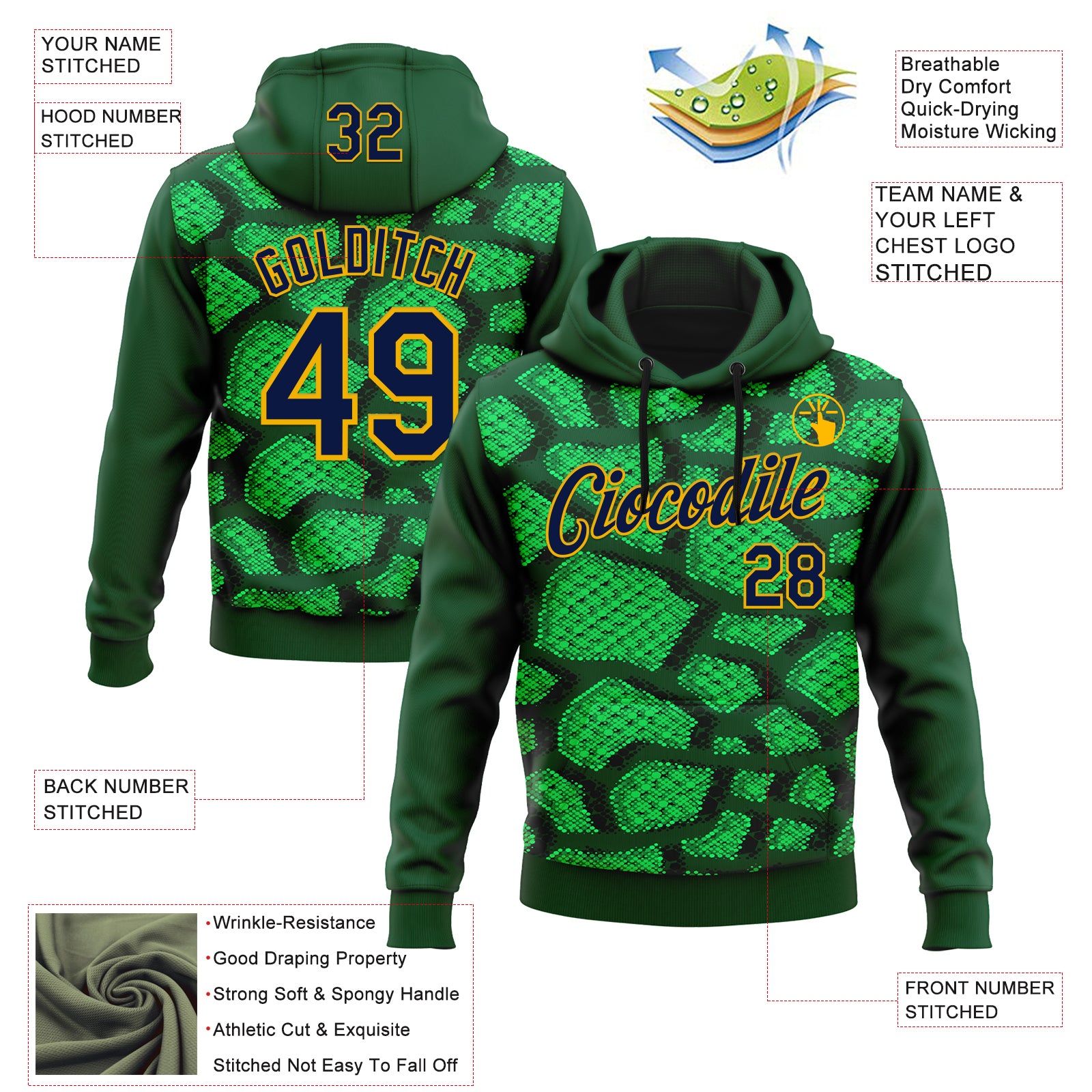 Custom Stitched Green Navy-Gold 3D Pattern Design Crocodile Skin Print Sportswear Pullover Sweatshirt Hoodie