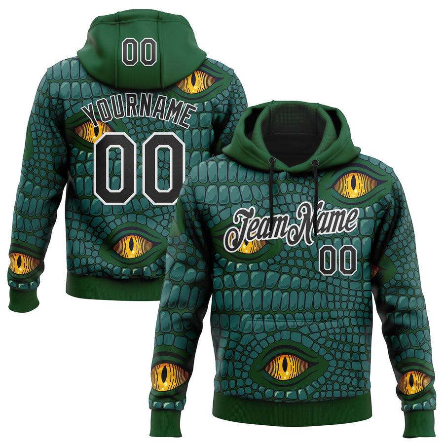 Custom Stitched Green Black-White 3D Pattern Design Crocodile Skin Print Sportswear Pullover Sweatshirt Hoodie