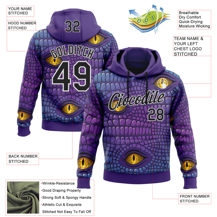 Custom Stitched Purple Black-White 3D Pattern Design Crocodile Skin Print Sportswear Pullover Sweatshirt Hoodie