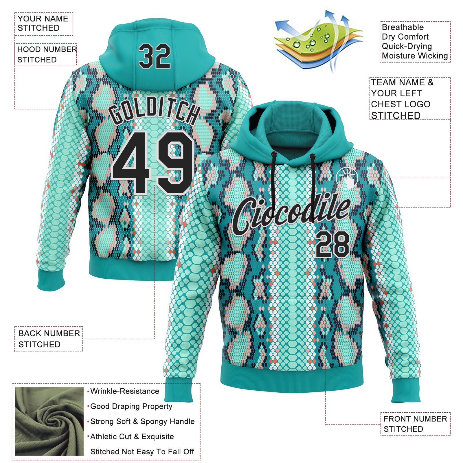 Custom Stitched Aqua Black-White 3D Pattern Design Snake Skin Print Sportswear Pullover Sweatshirt Hoodie