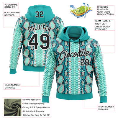 Custom Stitched Aqua Black-White 3D Pattern Design Snake Skin Print Sportswear Pullover Sweatshirt Hoodie