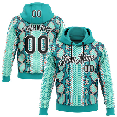 Custom Stitched Aqua Black-White 3D Pattern Design Snake Skin Print Sportswear Pullover Sweatshirt Hoodie