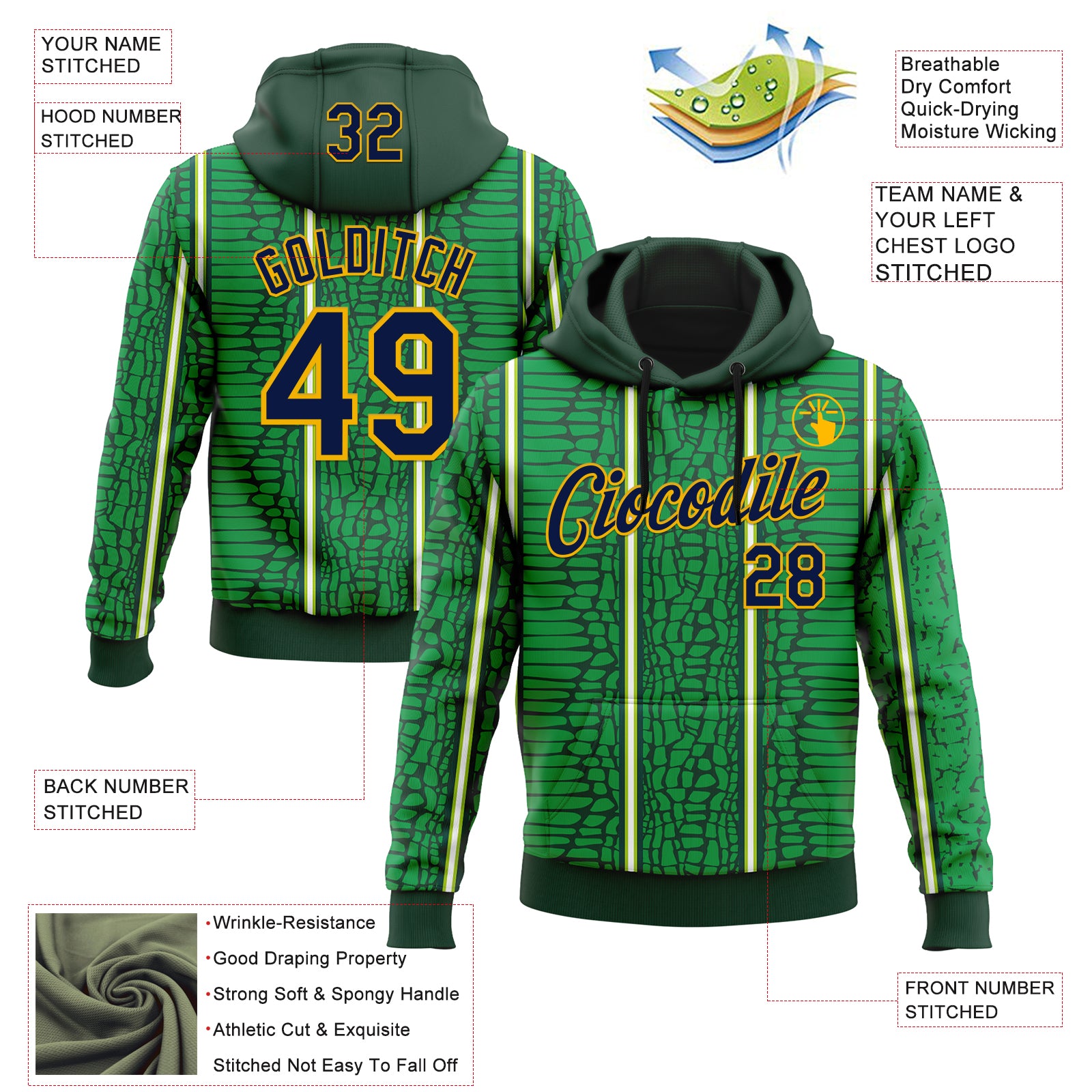 Custom Stitched Green Navy-Gold 3D Pattern Design Crocodile Skin Print Sportswear Pullover Sweatshirt Hoodie