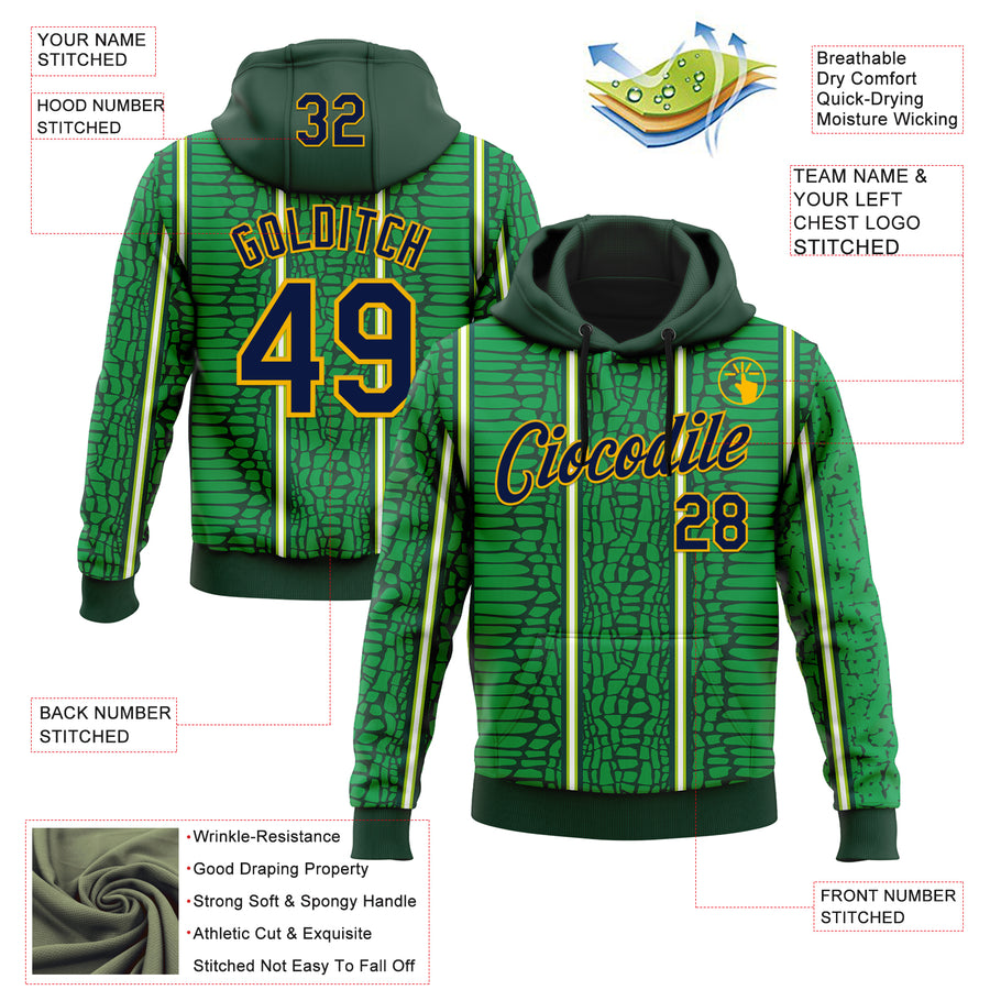 Custom Stitched Green Navy-Gold 3D Pattern Design Crocodile Skin Print Sportswear Pullover Sweatshirt Hoodie