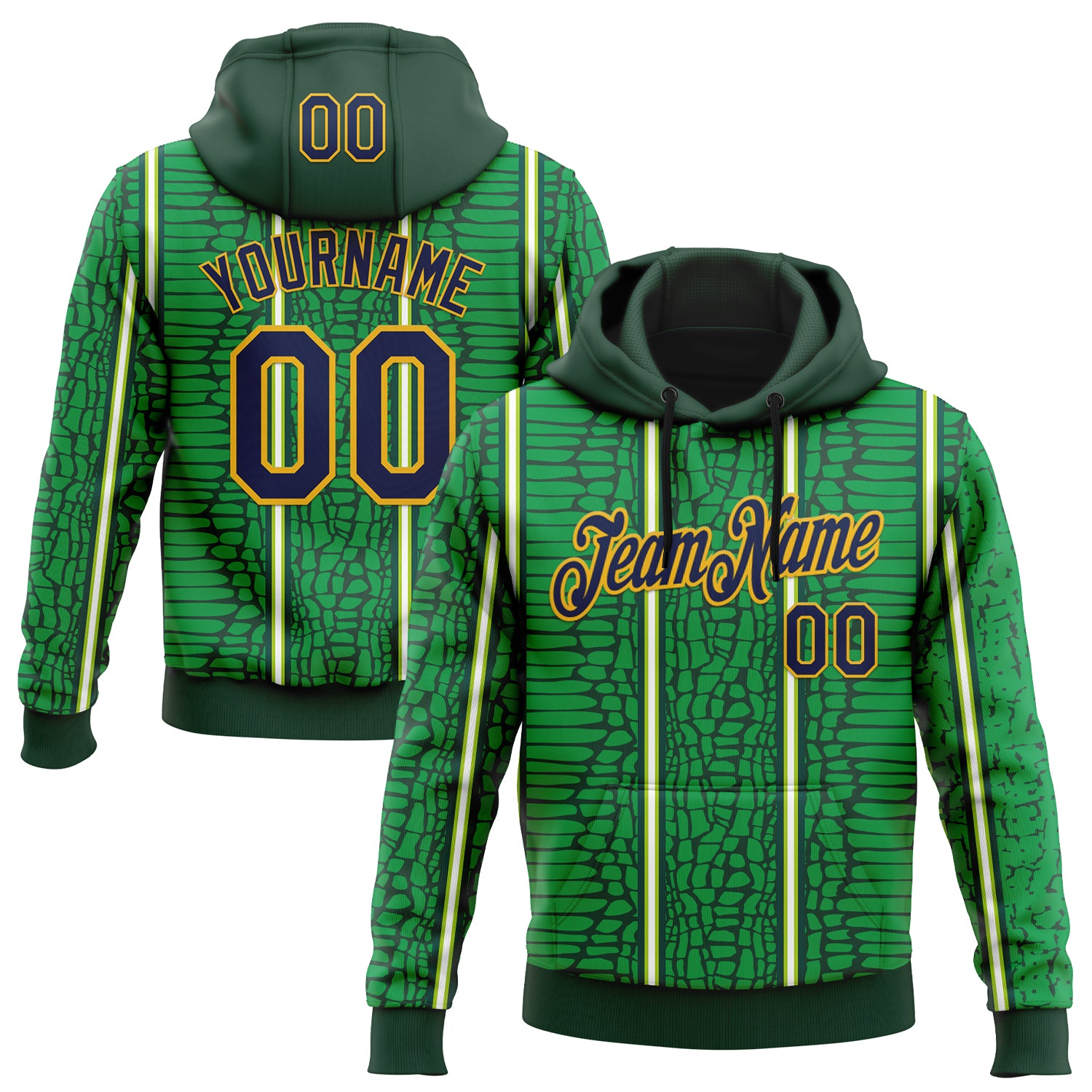 Custom Stitched Green Navy-Gold 3D Pattern Design Crocodile Skin Print Sportswear Pullover Sweatshirt Hoodie