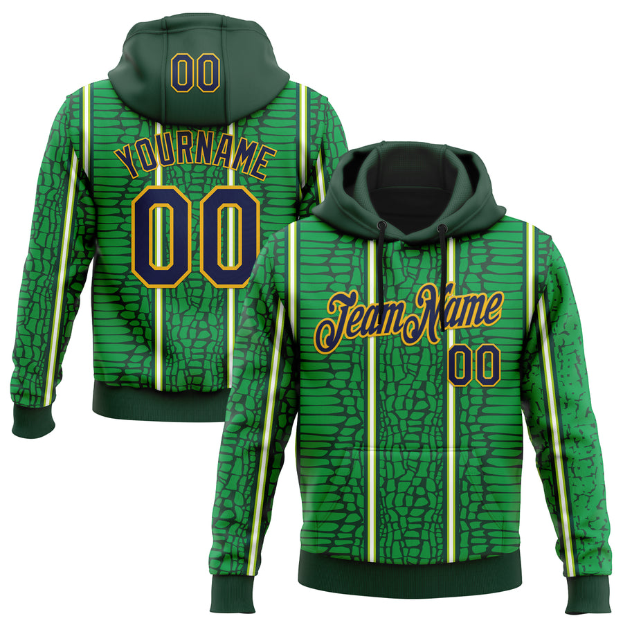 Custom Stitched Green Navy-Gold 3D Pattern Design Crocodile Skin Print Sportswear Pullover Sweatshirt Hoodie