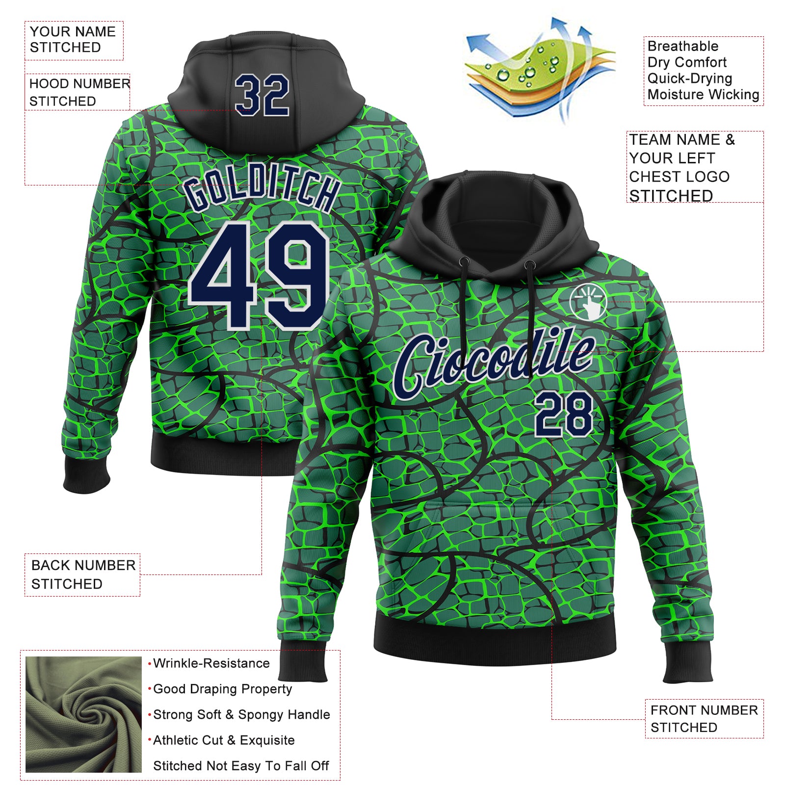 Custom Stitched Green Navy Black-White 3D Pattern Design Crocodile Skin Print Sportswear Pullover Sweatshirt Hoodie