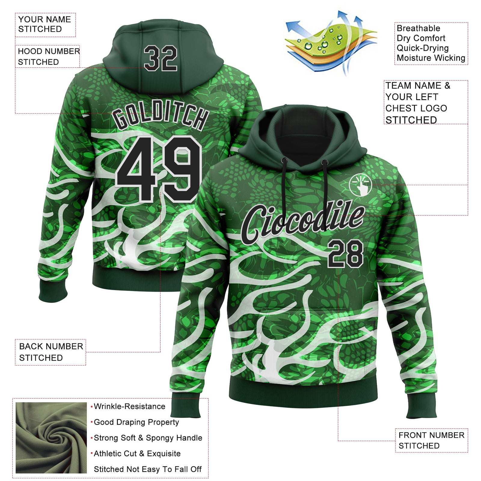 Custom Stitched Green Black-White 3D Pattern Design Snake Skin Print Sportswear Pullover Sweatshirt Hoodie