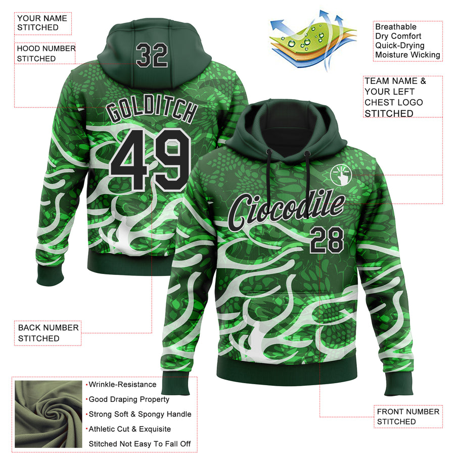 Custom Stitched Green Black-White 3D Pattern Design Snake Skin Print Sportswear Pullover Sweatshirt Hoodie