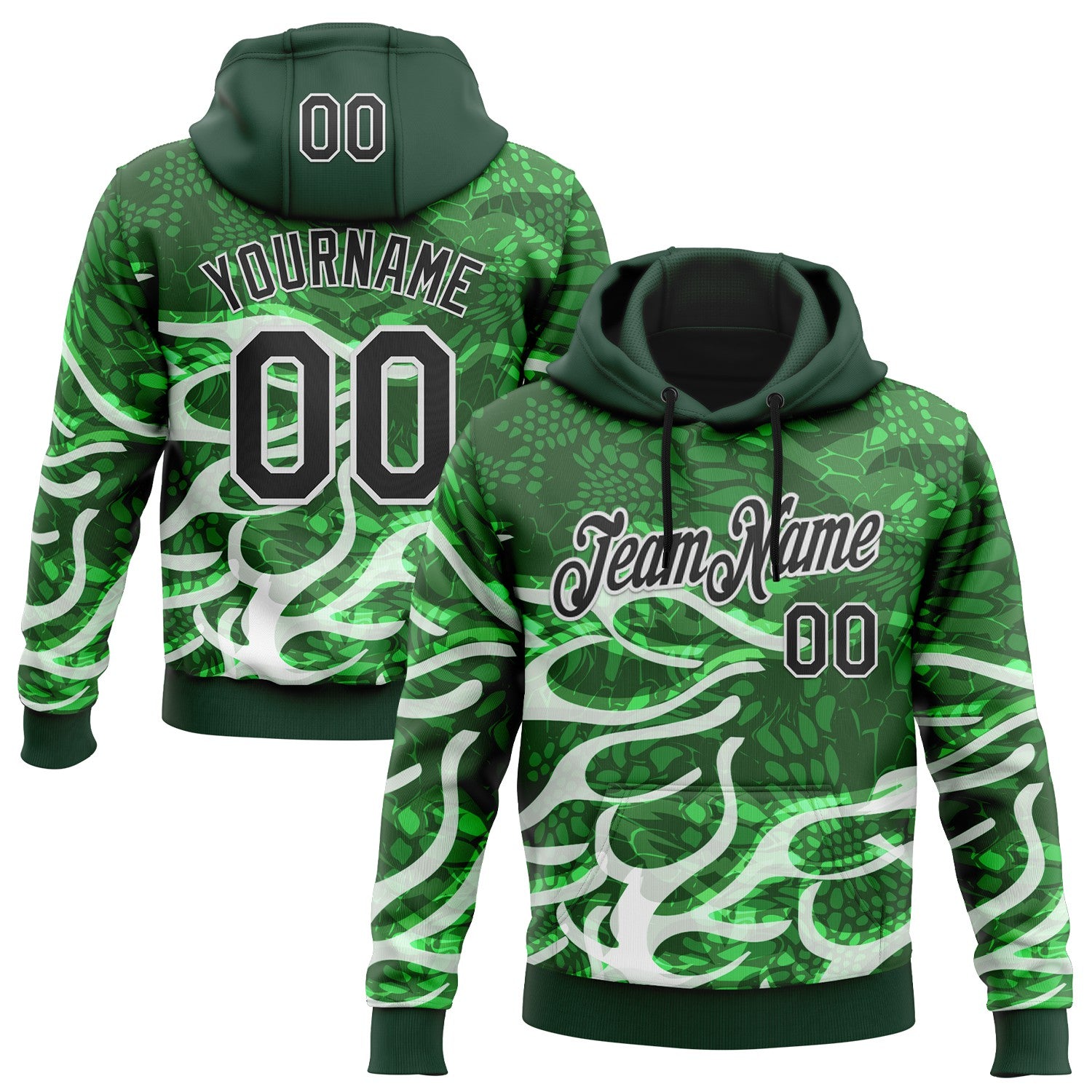 Custom Stitched Green Black-White 3D Pattern Design Snake Skin Print Sportswear Pullover Sweatshirt Hoodie