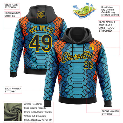 Custom Stitched Blue Black Orange-Yellow 3D Pattern Design Snake Skin Print Sportswear Pullover Sweatshirt Hoodie