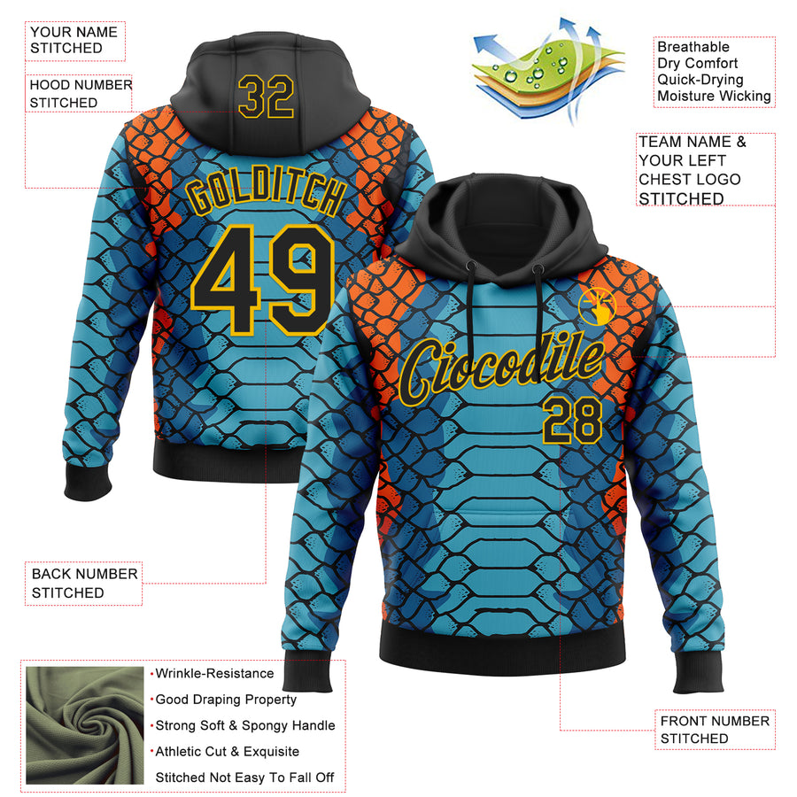 Custom Stitched Blue Black Orange-Yellow 3D Pattern Design Snake Skin Print Sportswear Pullover Sweatshirt Hoodie