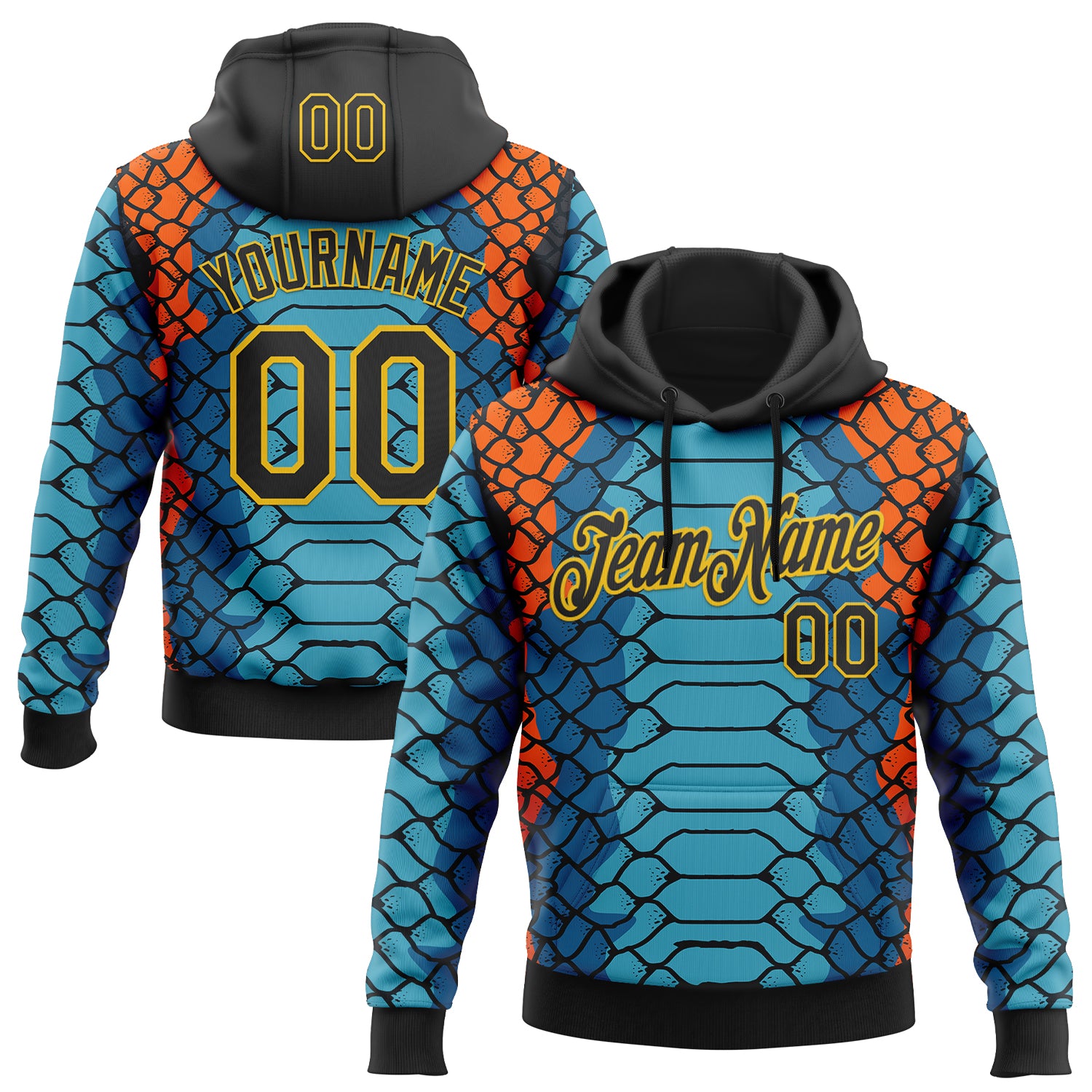 Custom Stitched Blue Black Orange-Yellow 3D Pattern Design Snake Skin Print Sportswear Pullover Sweatshirt Hoodie