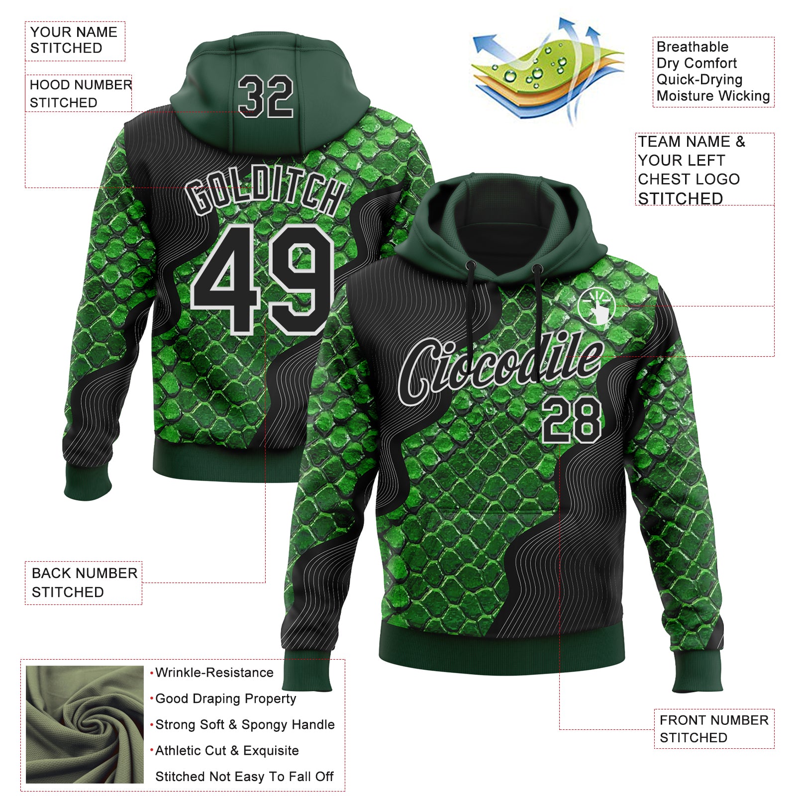 Custom Stitched Green Black-White 3D Pattern Design Snake Skin Print Sportswear Pullover Sweatshirt Hoodie