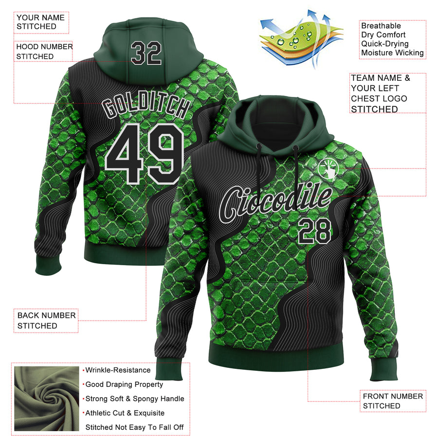 Custom Stitched Green Black-White 3D Pattern Design Snake Skin Print Sportswear Pullover Sweatshirt Hoodie