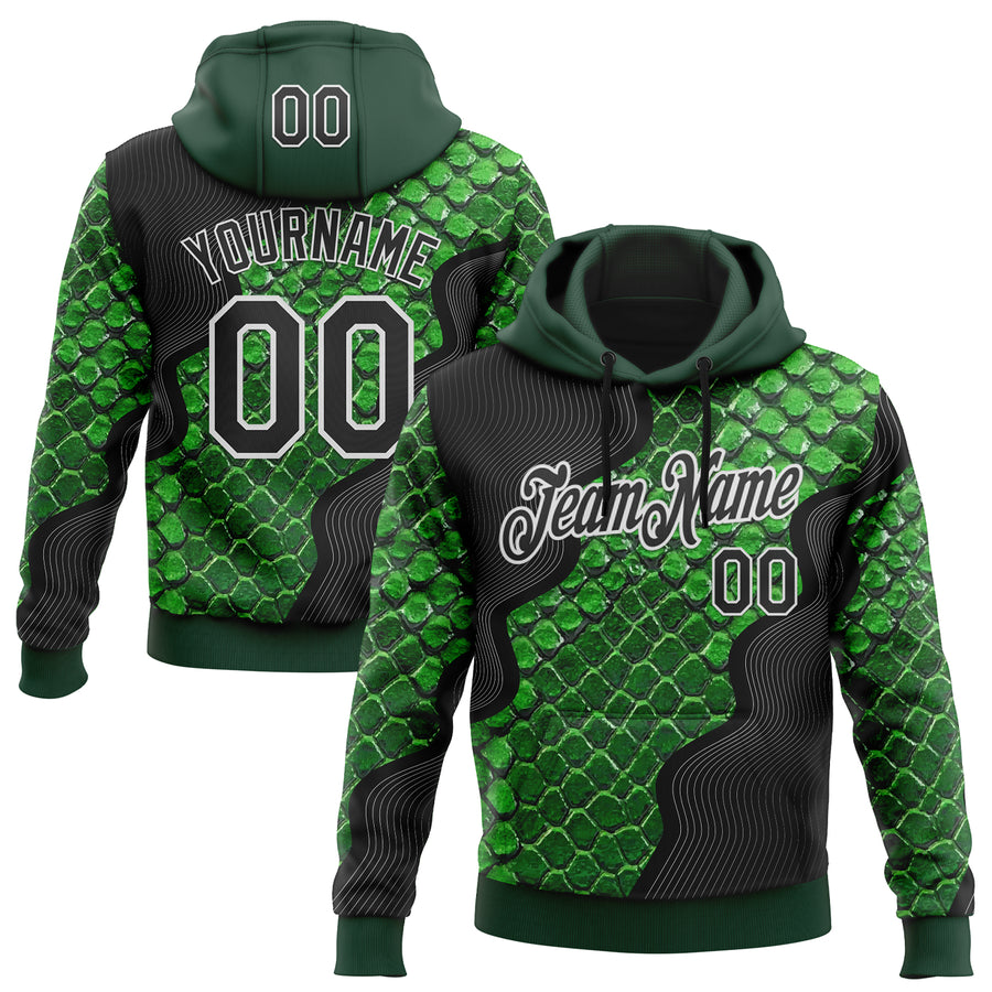 Custom Stitched Green Black-White 3D Pattern Design Snake Skin Print Sportswear Pullover Sweatshirt Hoodie