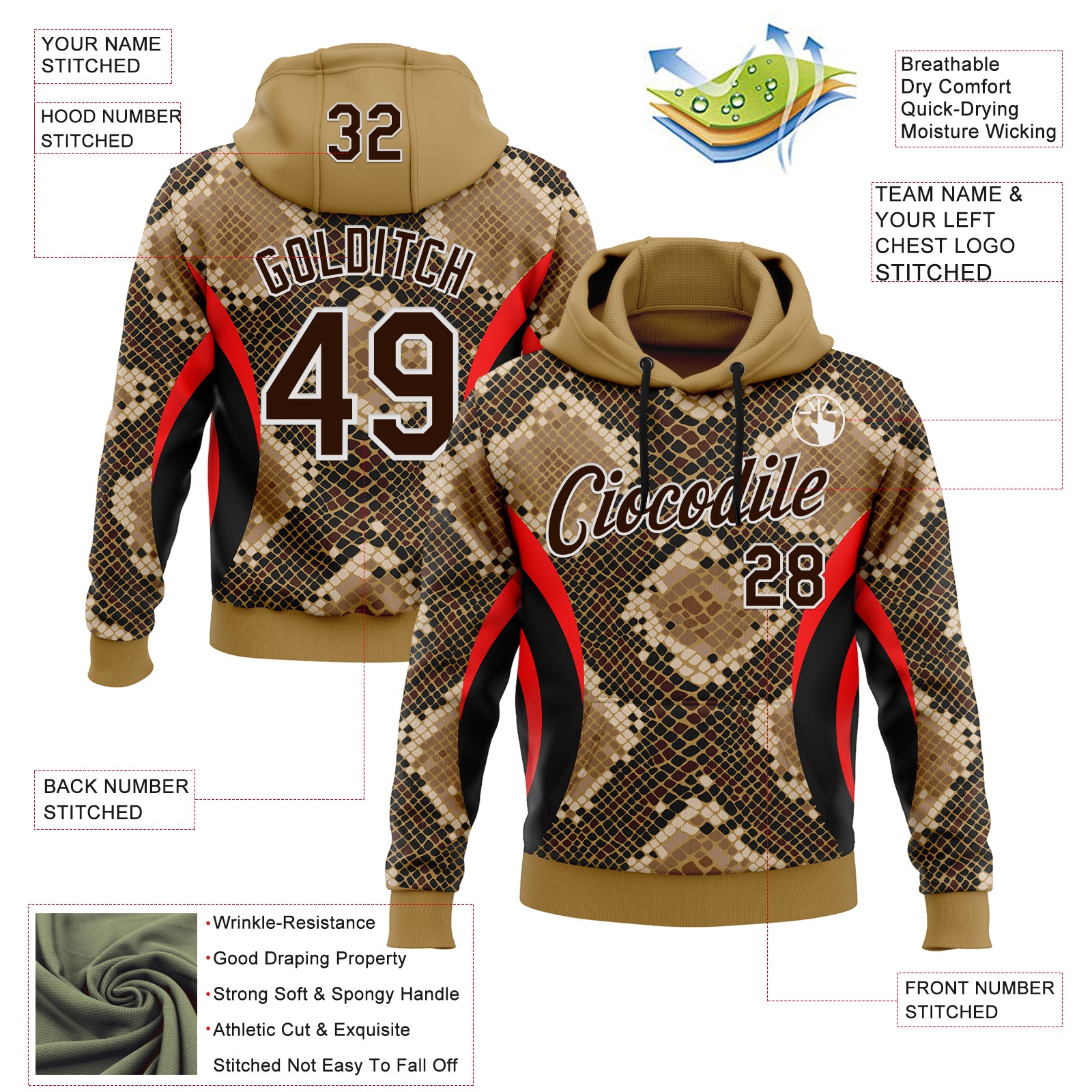 Custom Stitched Old Gold Brown Black Red-White 3D Pattern Design Snake Skin Print Sportswear Pullover Sweatshirt Hoodie