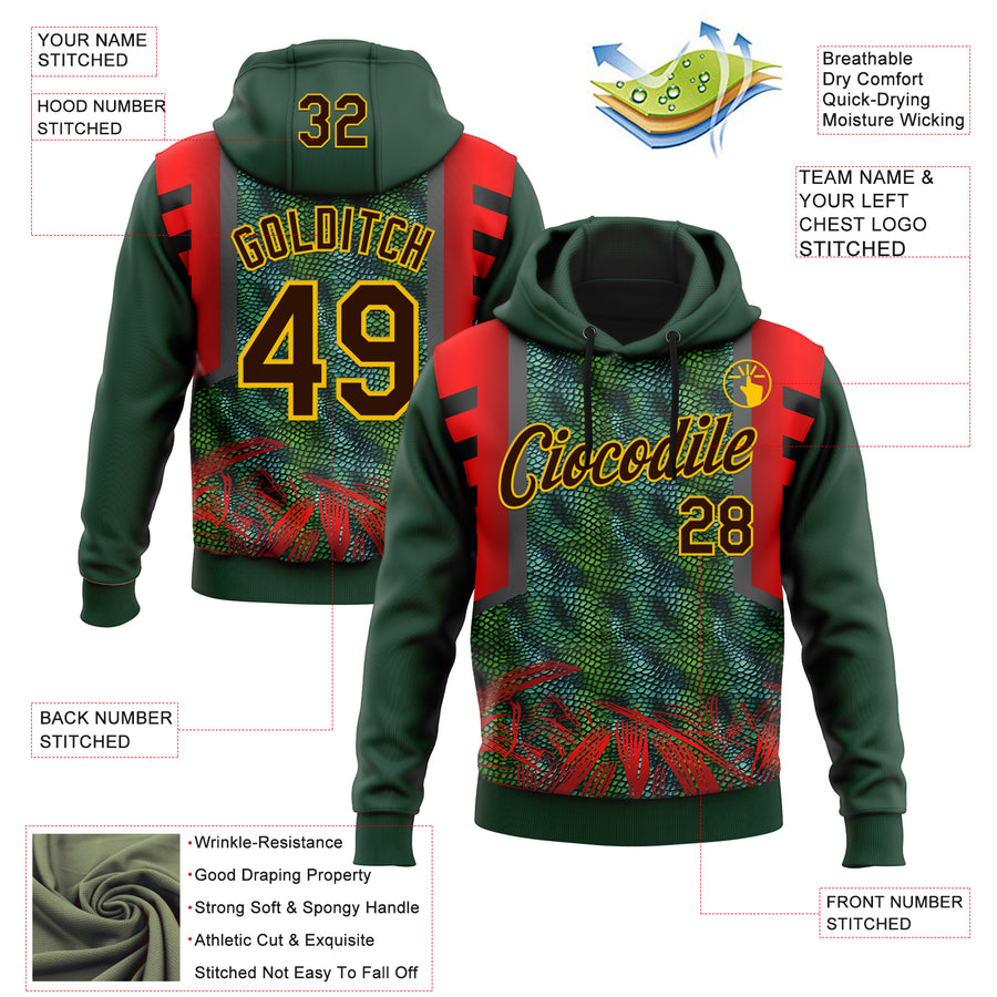 Custom Stitched Green Brown Red-Yellow 3D Pattern Design Snake Skin Print Sportswear Pullover Sweatshirt Hoodie