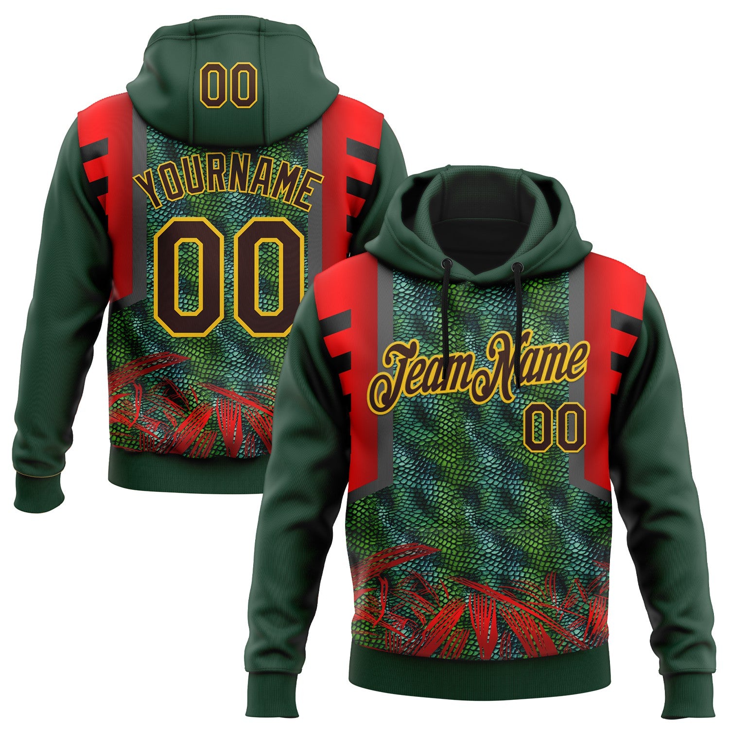 Custom Stitched Green Brown Red-Yellow 3D Pattern Design Snake Skin Print Sportswear Pullover Sweatshirt Hoodie