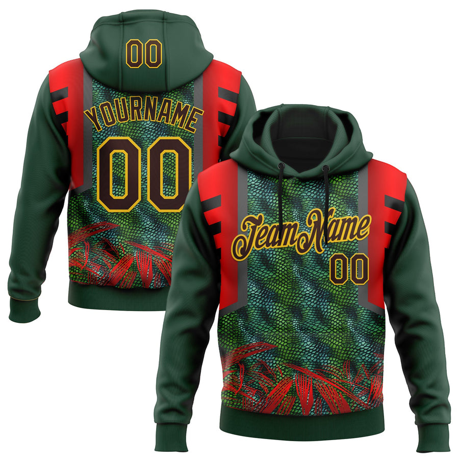 Custom Stitched Green Brown Red-Yellow 3D Pattern Design Snake Skin Print Sportswear Pullover Sweatshirt Hoodie